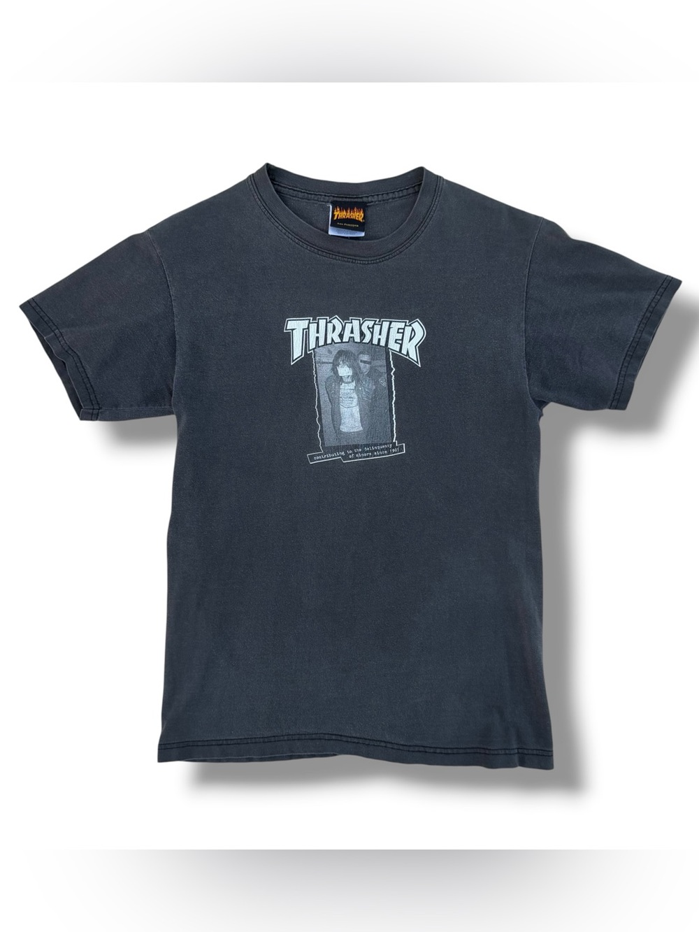 Vintage Y2K Thrasher Magazine Punk T-Shirt Faded Black Size Small Skate Rare